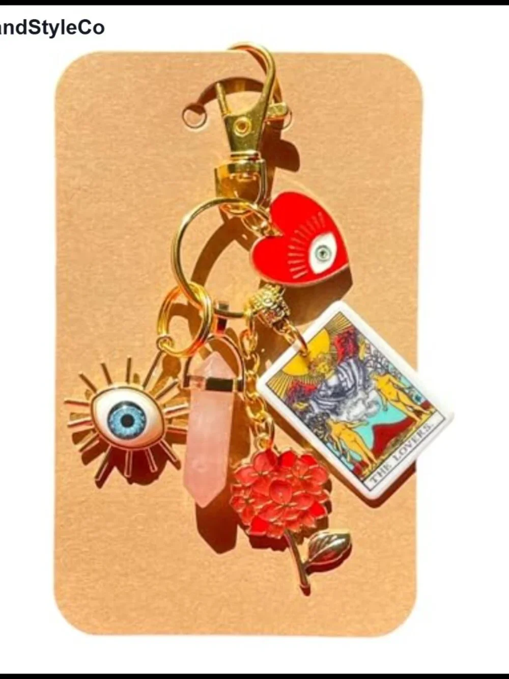 Rose Quartz Lovers Tarot Card Evil Eye Handbag Charm Keychain